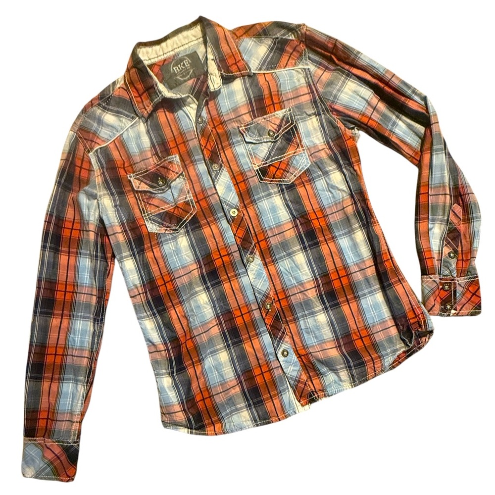 BKE Orange Blue White Plaid Button-Down Shirt
